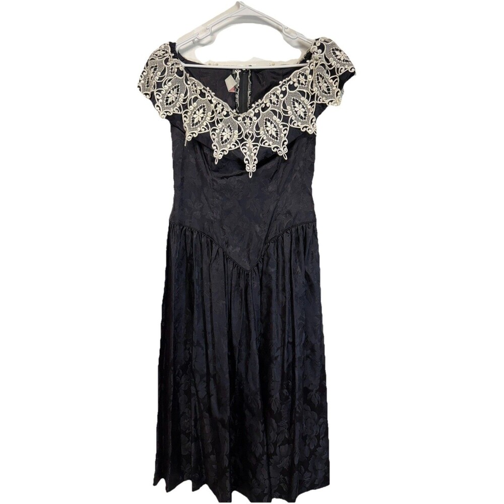 JACQUAR 1980s VTG. Y2K Dress Embroidery Black  Satin Gothic-Prom-Party Sz 9/10